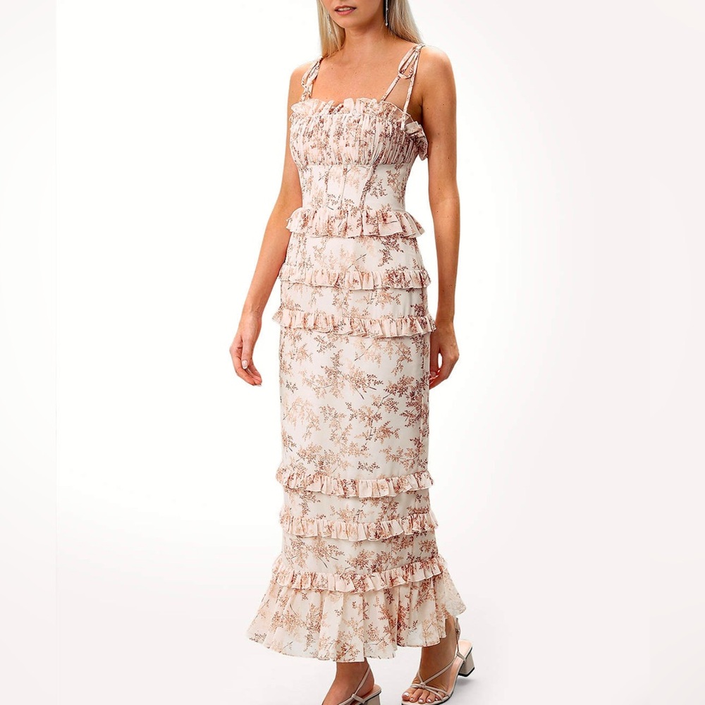Azazie EMERY ROSE PINK FLORAL PRINTED RUCHED RUFFLED MIDI DRESS